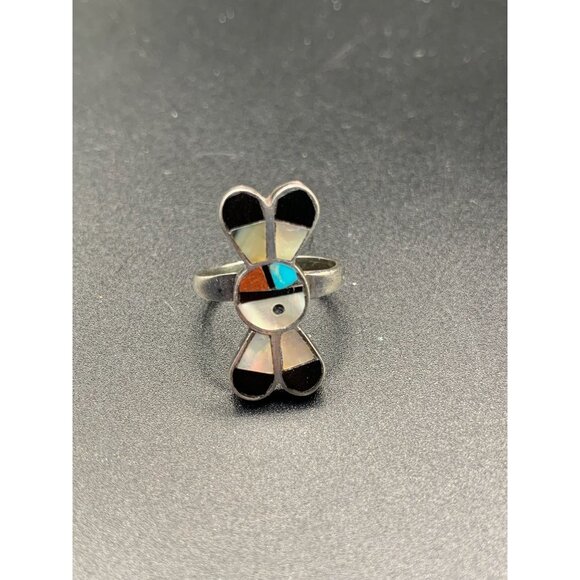 Zuni Sunface Ring Sterling Stone Inlay Size 4.5 Native American Handcrafted - Picture 6 of 9